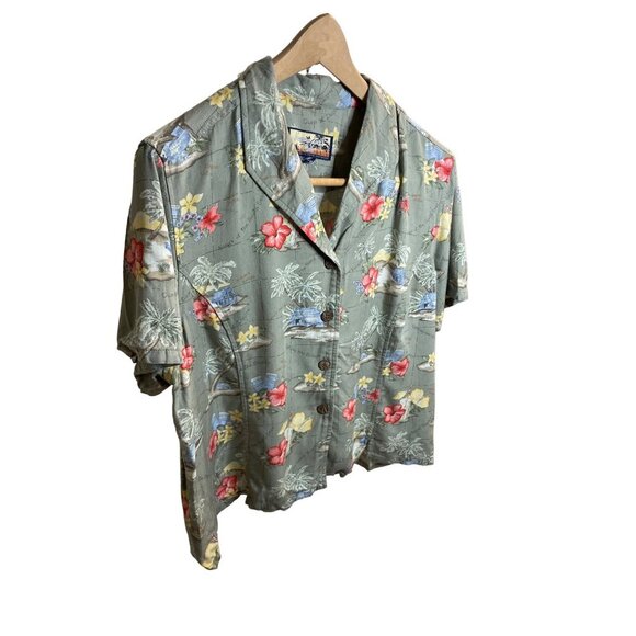 Havana Jacks Cafe Green Tropical Floral Short Sleeved Button Up Top - Picture 3 of 10